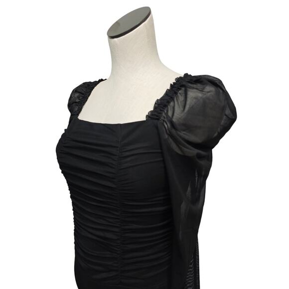 NWT Bebe Black Ruched Long Puff Sleeve Sheer Mesh Bodysuit Womens Size Small - Picture 12 of 13